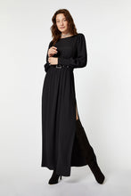 Load image into Gallery viewer, FLARED CREPE DE CHINE MAXI DRESS WITH BELT AND RHINESTONE BUCKLE