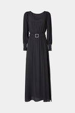 Load image into Gallery viewer, FLARED CREPE DE CHINE MAXI DRESS WITH BELT AND RHINESTONE BUCKLE