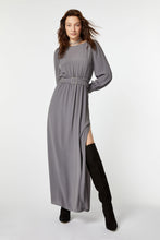 Load image into Gallery viewer, FLARED CREPE DE CHINE MAXI DRESS WITH BELT AND RHINESTONE BUCKLE