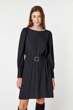 Load image into Gallery viewer, FLARED CREPE DE CHINE MIDI DRESS WITH BELT AND RHINESTONE BUCKLE