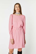Load image into Gallery viewer, FLARED CREPE DE CHINE MIDI DRESS WITH BELT AND RHINESTONE BUCKLE