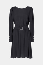 Load image into Gallery viewer, FLARED CREPE DE CHINE MIDI DRESS WITH BELT AND RHINESTONE BUCKLE