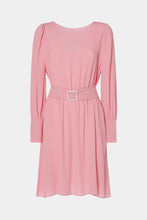 Load image into Gallery viewer, FLARED CREPE DE CHINE MIDI DRESS WITH BELT AND RHINESTONE BUCKLE