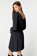 Load image into Gallery viewer, FLARED CREPE DE CHINE MIDI DRESS WITH BELT AND RHINESTONE BUCKLE