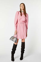Load image into Gallery viewer, FLARED CREPE DE CHINE MIDI DRESS WITH BELT AND RHINESTONE BUCKLE