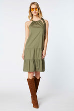 Load image into Gallery viewer, DRESS IN STRETCHY COTTON POPLIN WITH GATHERED NECKLINE AND FLOUNCES