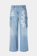 Load image into Gallery viewer, CARGO PANTS IN LIGHT WASH DENIM WITH RIPS AND BEJEWELLED DETAILS