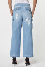 Load image into Gallery viewer, CARGO PANTS IN LIGHT WASH DENIM WITH RIPS AND BEJEWELLED DETAILS