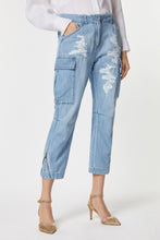 Load image into Gallery viewer, CARGO PANTS IN LIGHT WASH DENIM WITH ANKLE ZIPPERS, RIPS AND BEJEWELLED DETAILS