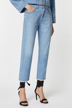 Load image into Gallery viewer, FIVE-POCKET JEANS IN LIGHT WASH DENIM WITH BEJEWELLED DETAILS AND FRAYED HEMS