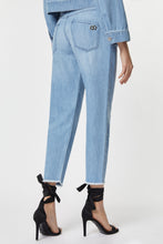 Load image into Gallery viewer, FIVE-POCKET JEANS IN LIGHT WASH DENIM WITH BEJEWELLED DETAILS AND FRAYED HEMS