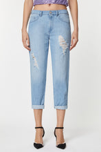 Load image into Gallery viewer, FIVE-POCKET BOYFRIEND JEANS IN LIGHT WASH DENIM WITH RIPS AND BEJEWELLED DETAILS