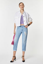 Load image into Gallery viewer, FIVE-POCKET BOYFRIEND JEANS IN LIGHT WASH DENIM WITH RIPS AND BEJEWELLED DETAILS