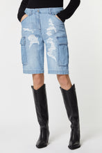 Load image into Gallery viewer, CARO SHORTS IN LIGHT WASH DENIM WITH RIPS AND BEJEWELLED DETAILS