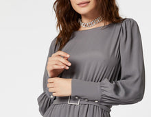 Load image into Gallery viewer, FLARED CREPE DE CHINE MAXI DRESS WITH BELT AND RHINESTONE BUCKLE