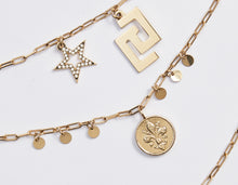 Load image into Gallery viewer, 3-CHAIN NECKLACE WITH CHARMS, MINI RHINESTONE DETAILS AND CG LOGO PENDANT