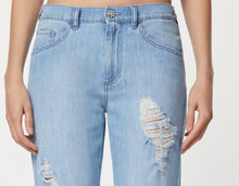 Load image into Gallery viewer, FIVE-POCKET BOYFRIEND JEANS IN LIGHT WASH DENIM WITH RIPS AND BEJEWELLED DETAILS