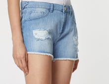 Load image into Gallery viewer, FIVE-POCKET SHORTS IN LIGHT WASH DENIM WITH RIPS, BEJEWELLED DETAIL AND FRAYED HEMS