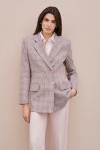Load image into Gallery viewer, DOUBLE-BREASTED BLAZER IN STRETCHY GLEN PLAID WITH SATIN GOLD BUTTONS

