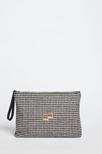 Load image into Gallery viewer, HAND-HELD CLUTCH IN A HOUNDS-TOOTH PRINT WITH GOLDEN LOGO
