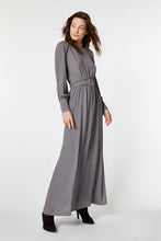 Load image into Gallery viewer, FLARED CREPE DE CHINE MAXI DRESS WITH BELT AND RHINESTONE BUCKLE
