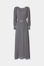 Load image into Gallery viewer, FLARED CREPE DE CHINE MAXI DRESS WITH BELT AND RHINESTONE BUCKLE
