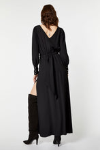 Load image into Gallery viewer, FLARED CREPE DE CHINE MAXI DRESS WITH BELT AND RHINESTONE BUCKLE
