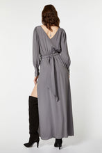 Load image into Gallery viewer, FLARED CREPE DE CHINE MAXI DRESS WITH BELT AND RHINESTONE BUCKLE
