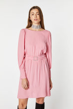 Load image into Gallery viewer, FLARED CREPE DE CHINE MIDI DRESS WITH BELT AND RHINESTONE BUCKLE
