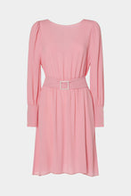 Load image into Gallery viewer, FLARED CREPE DE CHINE MIDI DRESS WITH BELT AND RHINESTONE BUCKLE
