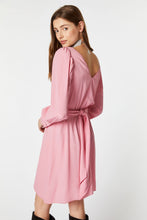 Load image into Gallery viewer, FLARED CREPE DE CHINE MIDI DRESS WITH BELT AND RHINESTONE BUCKLE
