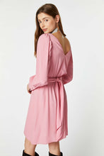 Load image into Gallery viewer, FLARED CREPE DE CHINE MIDI DRESS WITH BELT AND RHINESTONE BUCKLE
