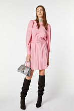 Load image into Gallery viewer, FLARED CREPE DE CHINE MIDI DRESS WITH BELT AND RHINESTONE BUCKLE
