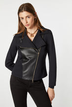 Load image into Gallery viewer, BIKER JACKET IN ENGINEERED STRETCHY JERSEY WITH FAUX-LEATHER DETAILS
