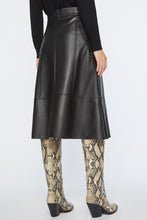 Load image into Gallery viewer, FAUX LEATHER FLARED SKIRT WITH SYMMETRICAL SEAMS

