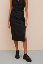 Load image into Gallery viewer, CALF-LENGTH SKIRT IN METALLIC PINSTRIPE FLANNEL WITH SIDE SPLIT
