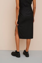 Load image into Gallery viewer, CALF-LENGTH SKIRT IN METALLIC PINSTRIPE FLANNEL WITH SIDE SPLIT
