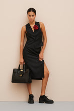 Load image into Gallery viewer, CALF-LENGTH SKIRT IN METALLIC PINSTRIPE FLANNEL WITH SIDE SPLIT
