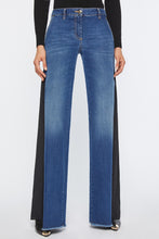 Load image into Gallery viewer, FLARED JEANS IN MEDIUM-WASH STRETCH DENIM WITH CRÊPE DE CHINE EMBELLISHMENTS ON THE SIDES
