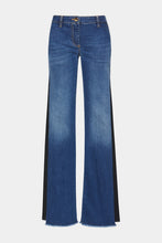Load image into Gallery viewer, FLARED JEANS IN MEDIUM-WASH STRETCH DENIM WITH CRÊPE DE CHINE EMBELLISHMENTS ON THE SIDES
