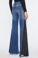 Load image into Gallery viewer, FLARED JEANS IN MEDIUM-WASH STRETCH DENIM WITH CRÊPE DE CHINE EMBELLISHMENTS ON THE SIDES
