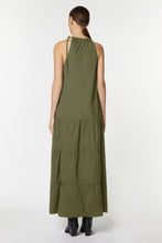 Load image into Gallery viewer, HALTER NECK MAXI DRESS IN STRETCHY POPLIN WITH FLOUNCES AND DRAWSTRING
