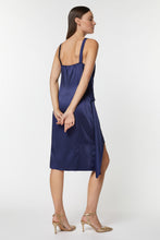 Load image into Gallery viewer, HALTER NECK MIDI DRESS IN STRETCHY SATIN WITH WRAP SKIRT
