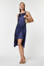 Load image into Gallery viewer, HALTER NECK MIDI DRESS IN STRETCHY SATIN WITH WRAP SKIRT
