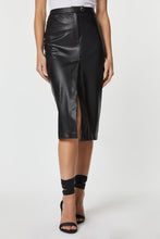 Load image into Gallery viewer, FAUX LEATHER MIDI SKIRT WITH GOLD BUTTON AND CENTRE SPLIT
