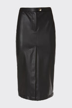 Load image into Gallery viewer, FAUX LEATHER MIDI SKIRT WITH GOLD BUTTON AND CENTRE SPLIT
