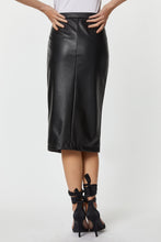 Load image into Gallery viewer, FAUX LEATHER MIDI SKIRT WITH GOLD BUTTON AND CENTRE SPLIT
