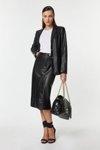Load image into Gallery viewer, FAUX LEATHER MIDI SKIRT WITH GOLD BUTTON AND CENTRE SPLIT

