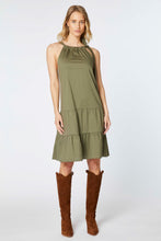 Load image into Gallery viewer, DRESS IN STRETCHY COTTON POPLIN WITH GATHERED NECKLINE AND FLOUNCES
