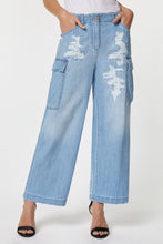 Load image into Gallery viewer, CARGO PANTS IN LIGHT WASH DENIM WITH RIPS AND BEJEWELLED DETAILS

